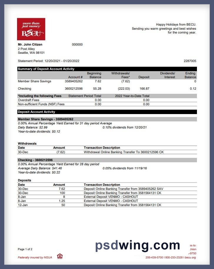 Australia BECU Bank Statement